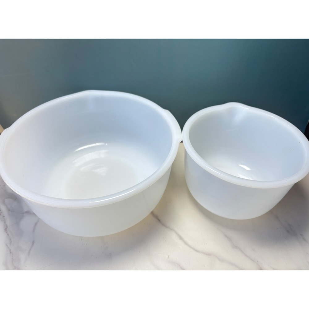 Glasbake for Sunbeam Milk Glass Mixing Bowl Set White Spout Tab Handle USA Made